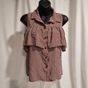 Vtg Burgundy Prison Stripe Cold Shoulder Ruffle Top 2010s Button Up Blouse S